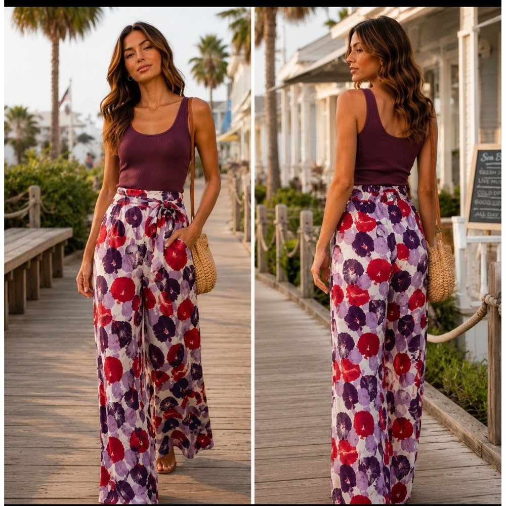 Skies Are Blue Floral Wide Leg Pants XS Red Purple‎ High Rise Tie Waist
